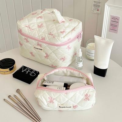 Cute Bow Print Women Makeup Bag Large Capacity Quilting Cotton Cosmetic Bag Female Cloth Handbag Portable Toiletry Case for Girl