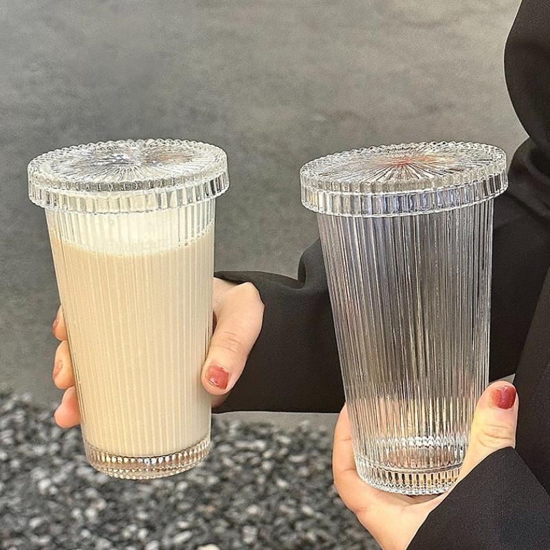 240ml/380ml Creative Cocktail Glass Vertical Pattern Glass Cup Juice Cup Latte Coffee Mug Home Water Cup with Lid Soda Water Cup