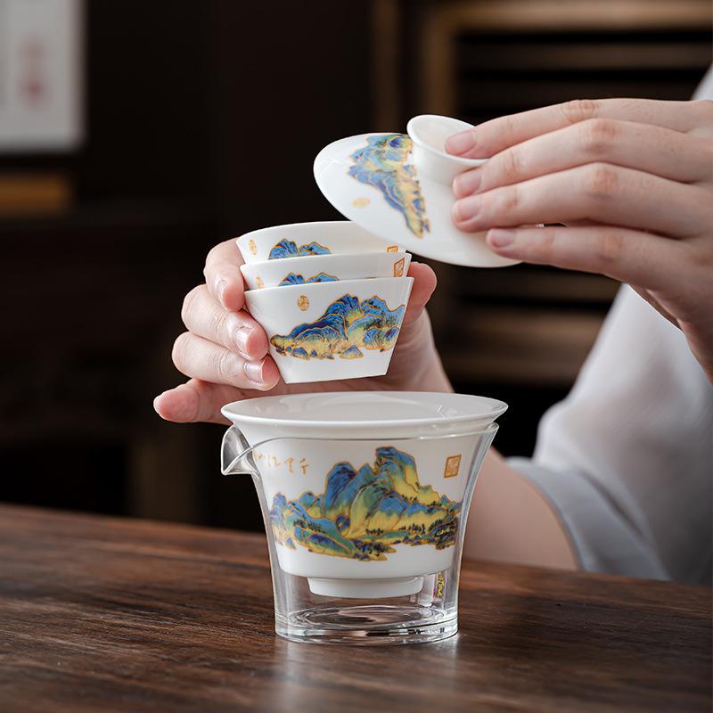 Travel Tea Set Mutton Fat Jade White Porcelain Kung Fu Tea Set Outdoor Portable Quick Guest Cup Holiday Gift Printing