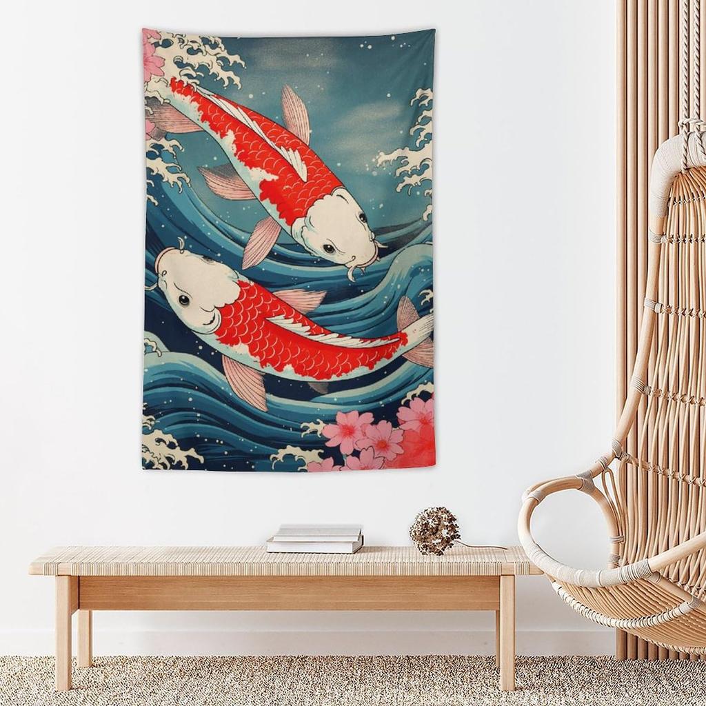 VIKAMA Ukiyoe Koi Fish Wave Tapestry Japanese Style Healing Wall Hanging for Bedroom Entryway  Homestay Decor