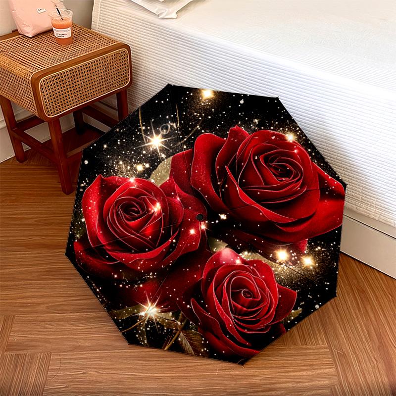 1 PC Automatic Folding Umbrella - Red Roses Pattern, Portable & Foldable Design with 8 Ribs, Christmas Birthday Gifts