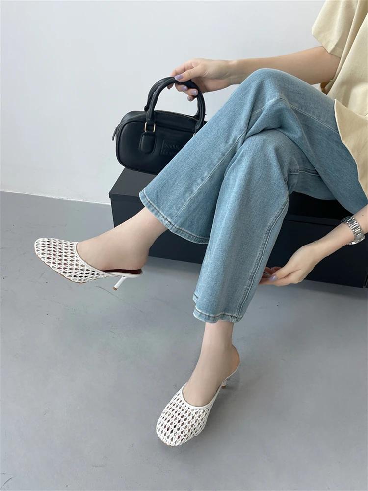 Fashion Eilyken Summer Hollow Out Breathable Mesh Weaving Women Slippers Fashion Thin Heels Party Dress Mule Shoes Large Size 43
