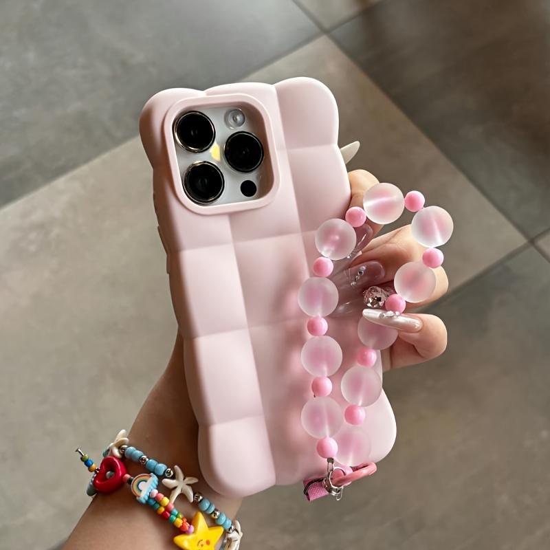 Cartoon Lattice 3D Block With Bead Lanyard Phone Case For iPhone 18 17 16 15 14 13 Pro Max Candy Color Shockproof Soft TPU Cover