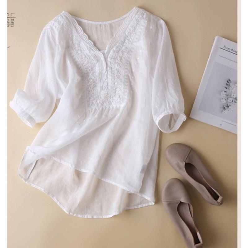 Women S Vintage Literary 3 4 Sleeve Embroidered V Neck Cotton Linen Shirt