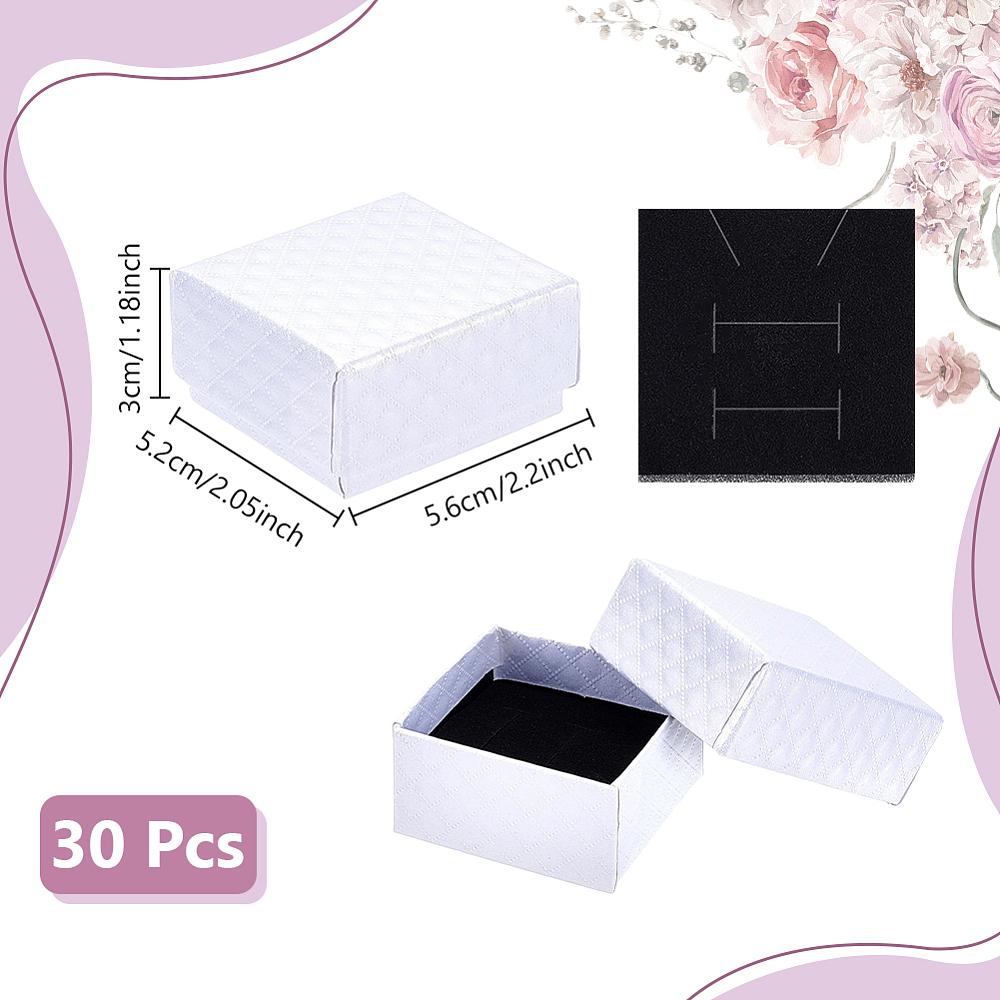30pcs Rhombus Textured Cardboard Ring Storage Boxes with Sponge Inside Square White 5.6x5.2x3cm
