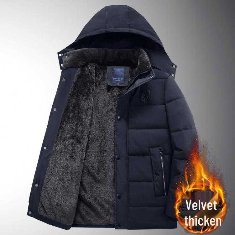 Herren Winter Mittellange Verdickte Baumwolljacke für Mittleren Alters & Ältere mit Zusätzlichem Fleece