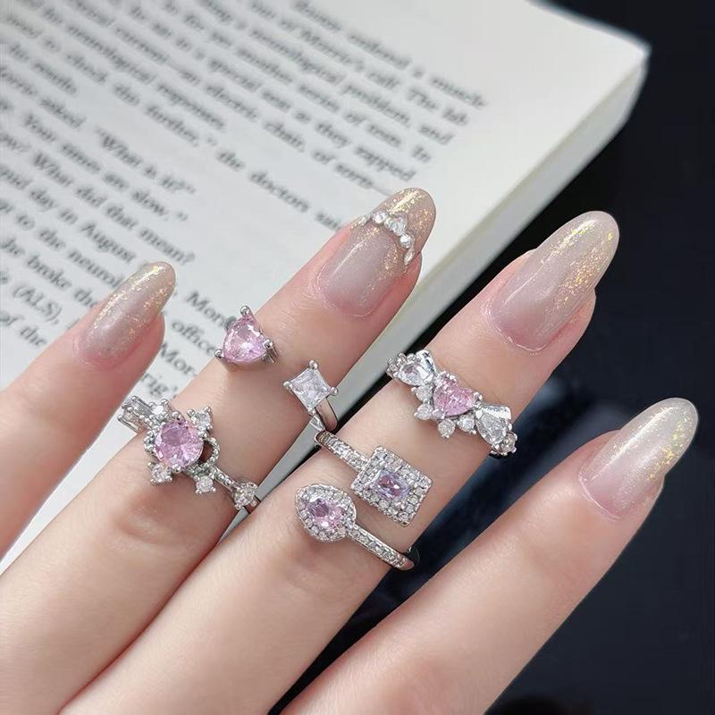 Sweet Crit Pink Zircon Love Open Ring Light Luxury High-End Niche Design Stacked Ring Woman