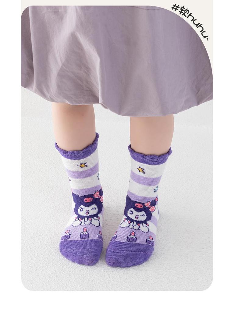 Kuromi Girls' Mid-Calf Cotton Socks - Cute Rainbow Design for Spring, Autumn, and Winter