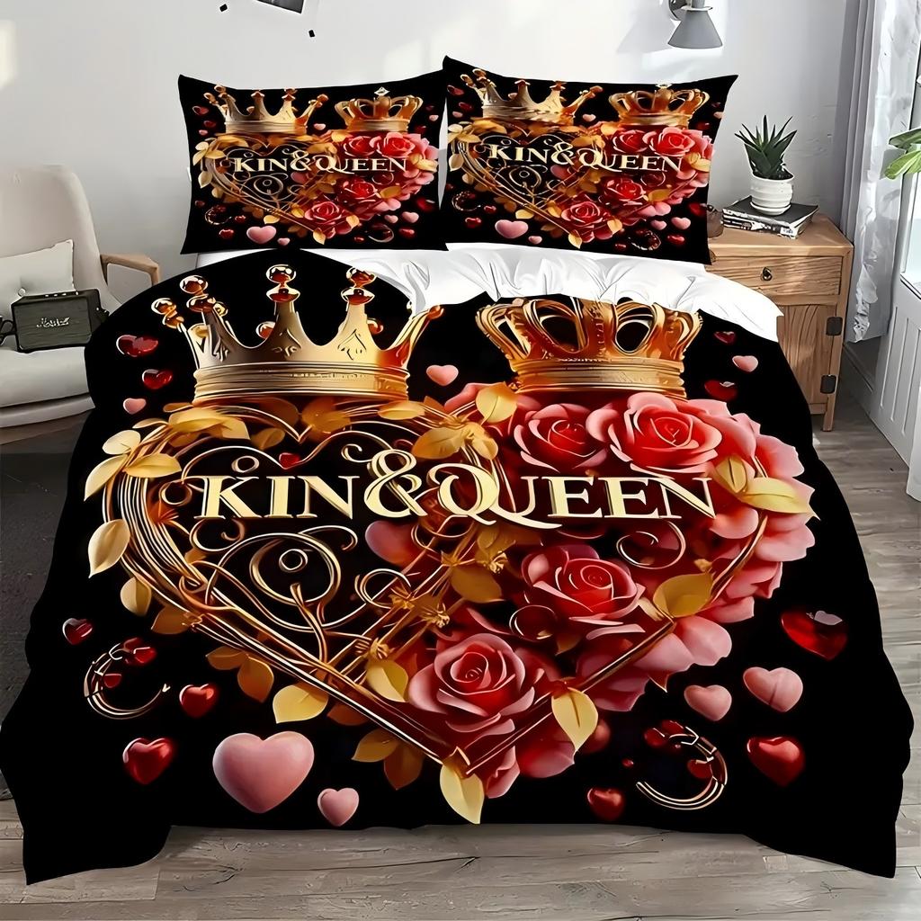 Valentine'S Day Love Roses Pattern Printed Duvet Cover Simple Luxury Style Bedding Set Soft Comfortable Quilt Cover Pillowcase
