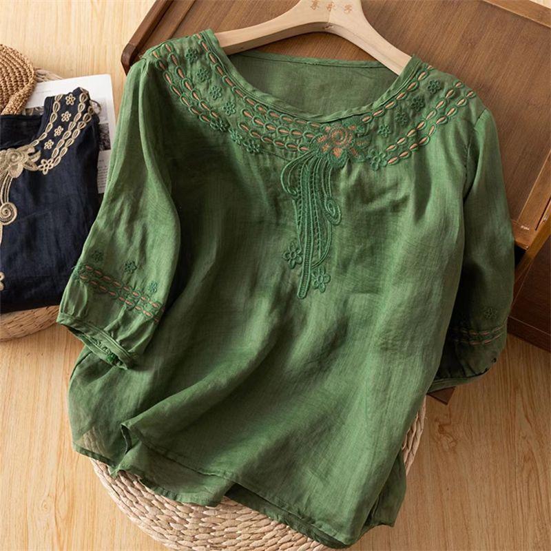 Women O Neck Elbow Sleeve T-Shirt Pattern Embroidery Loose Boho Top Vintage Summer Beach Vacation Resort Wear Casual Blouse