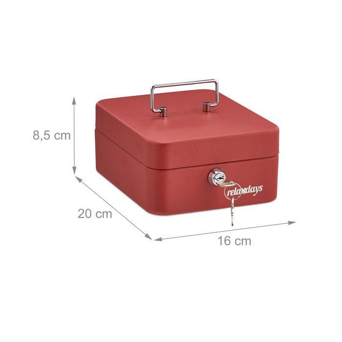 Relaxdays Caisse à monnaie, monnayeur, verrouillable, acier, transportable, pièces et billets, HLP 8,5x16x20 cm, rouge