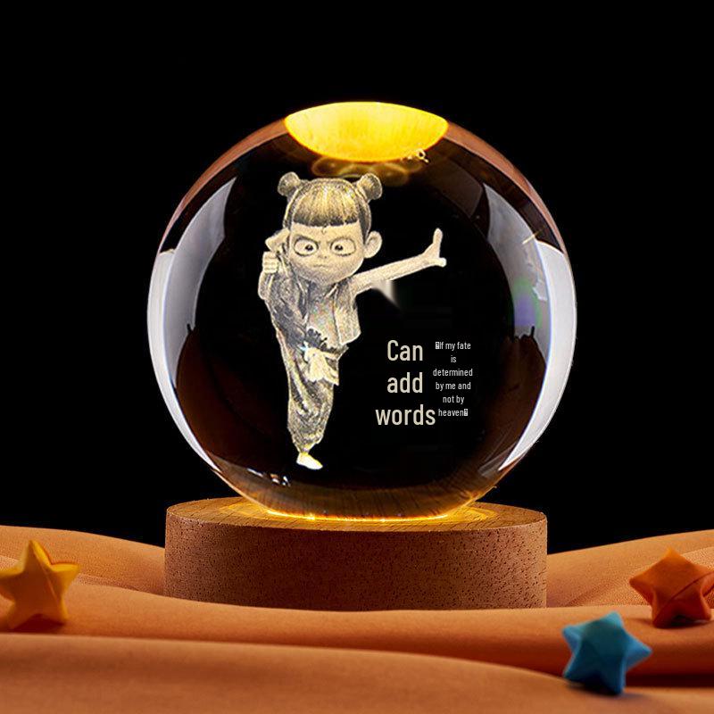 Nezha Crystal Ball Night Light with Free Engraving - Creative Gift Ornament for Festival or Boyfriend Display Stand