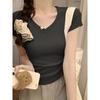 Versatile V-neck design sense waist thin short-sleeved cotton T-shirt women's summer temperament short irregular inner shoulder top