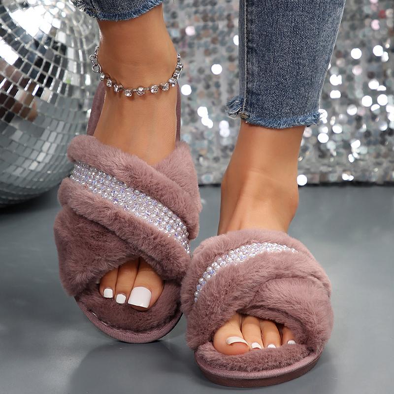 Fashion Pearl Crystal Decor Fluffy Slippers for Women Winter Plush Cross Strap Warm House Slippers Woman Open Toe Comfy Faux Fur Slides