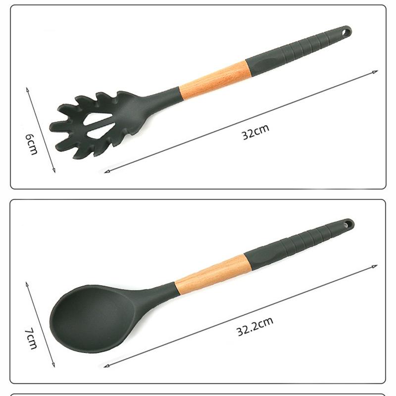 Conjunto de utensílios de cozinha de silicone com 11 peças, utensílios para assar com balde de armazenamento, utensílios de cozinha de madeira antiaderentes com furo para pendurar