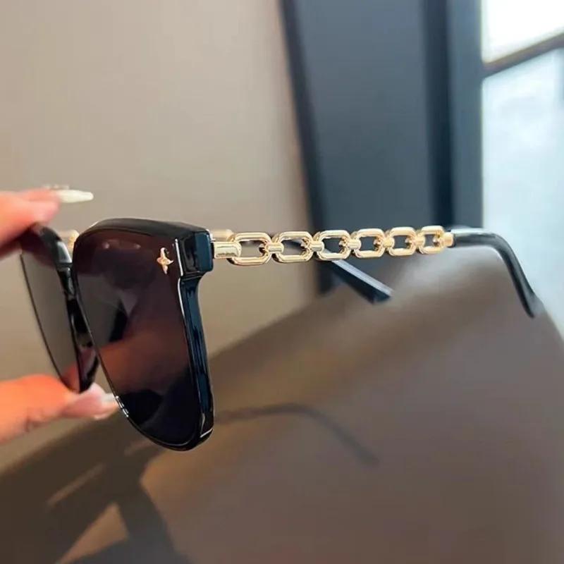 Cool Gold Chain Oversized Square Sunglasses for Women UV400 Anti Radiation Vacation Driving Eyewear