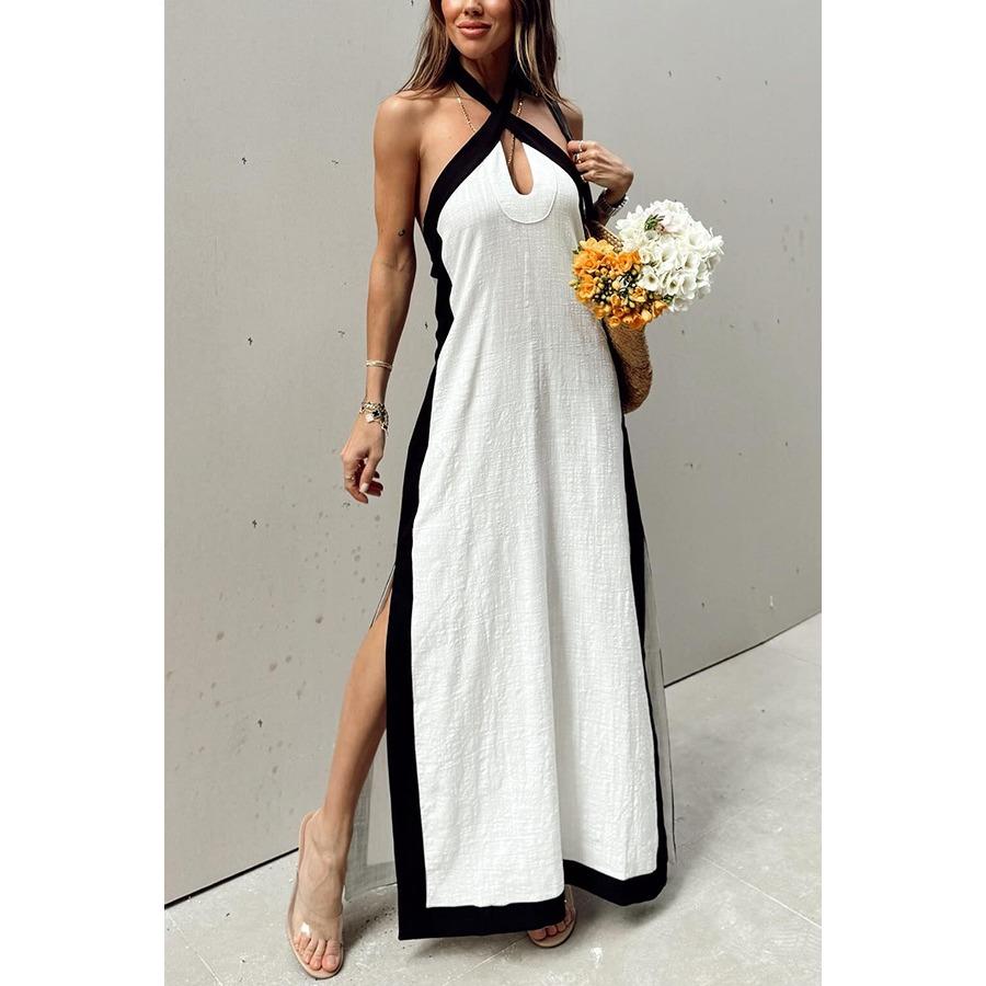 IHUASU Summer Cotton Hemp Halter Neck Open Temperament Dress Woman