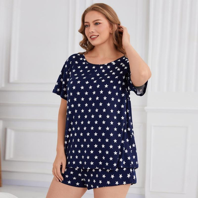 Plus Size Women Loose Short Sleeve Two Piece Pajama Set Casual Home Sleepwear