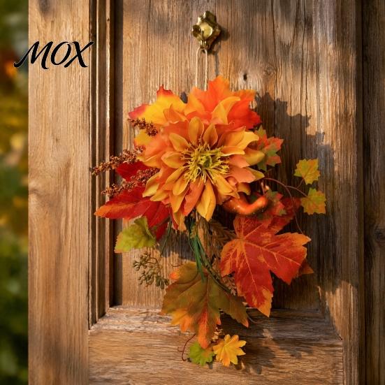 Thanksgiving Door Decor Artificial Maple Leaf Decoration, Autumn Decoration with Leaves Faux Dahlia, Exquisite Floral Rustic Hanging Ornament