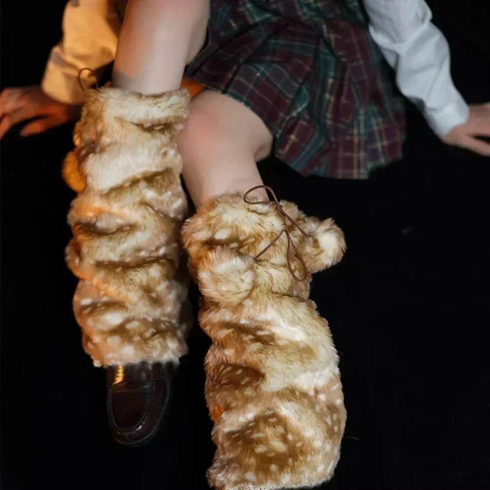 Faux Fur Plush Lace Winter Hat Leg Warmers Ear Protection New Reindeer Furry Boots Socks Cover
