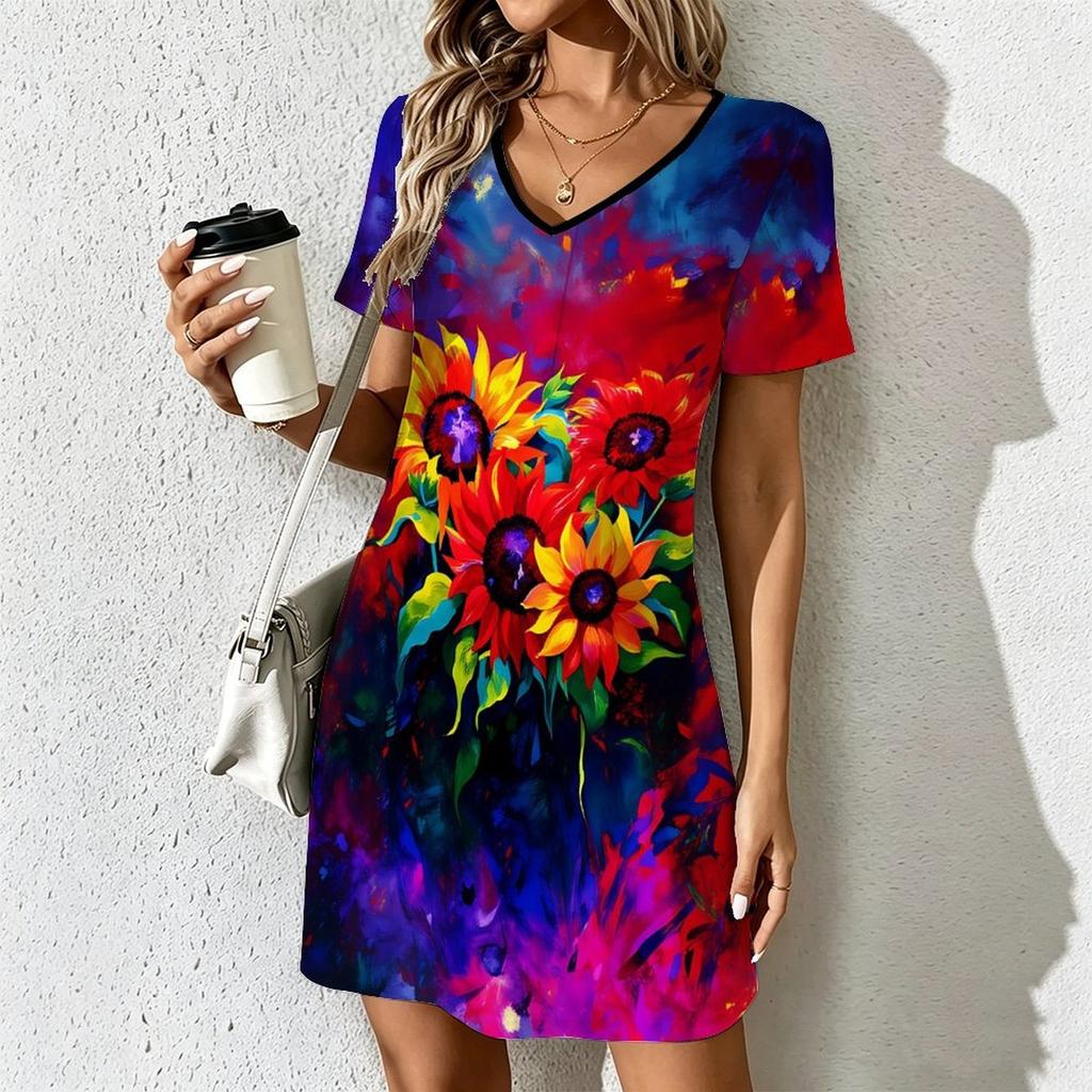 Mode d'été Robe pour femme à col en V Imprimé Artistique Motifs Floraux Robes Courtes Sexy