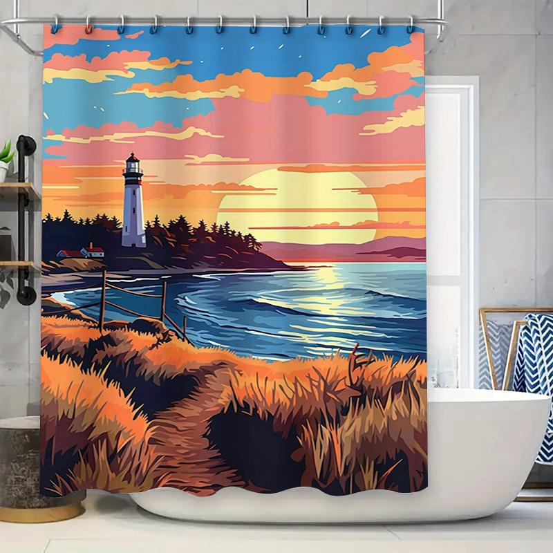 

Outdoor Beach Sunset Light House Printed Shower Curtain Waterproof Bathroom Decor Modern Bohemian Vintage Fabric 90x180cm
