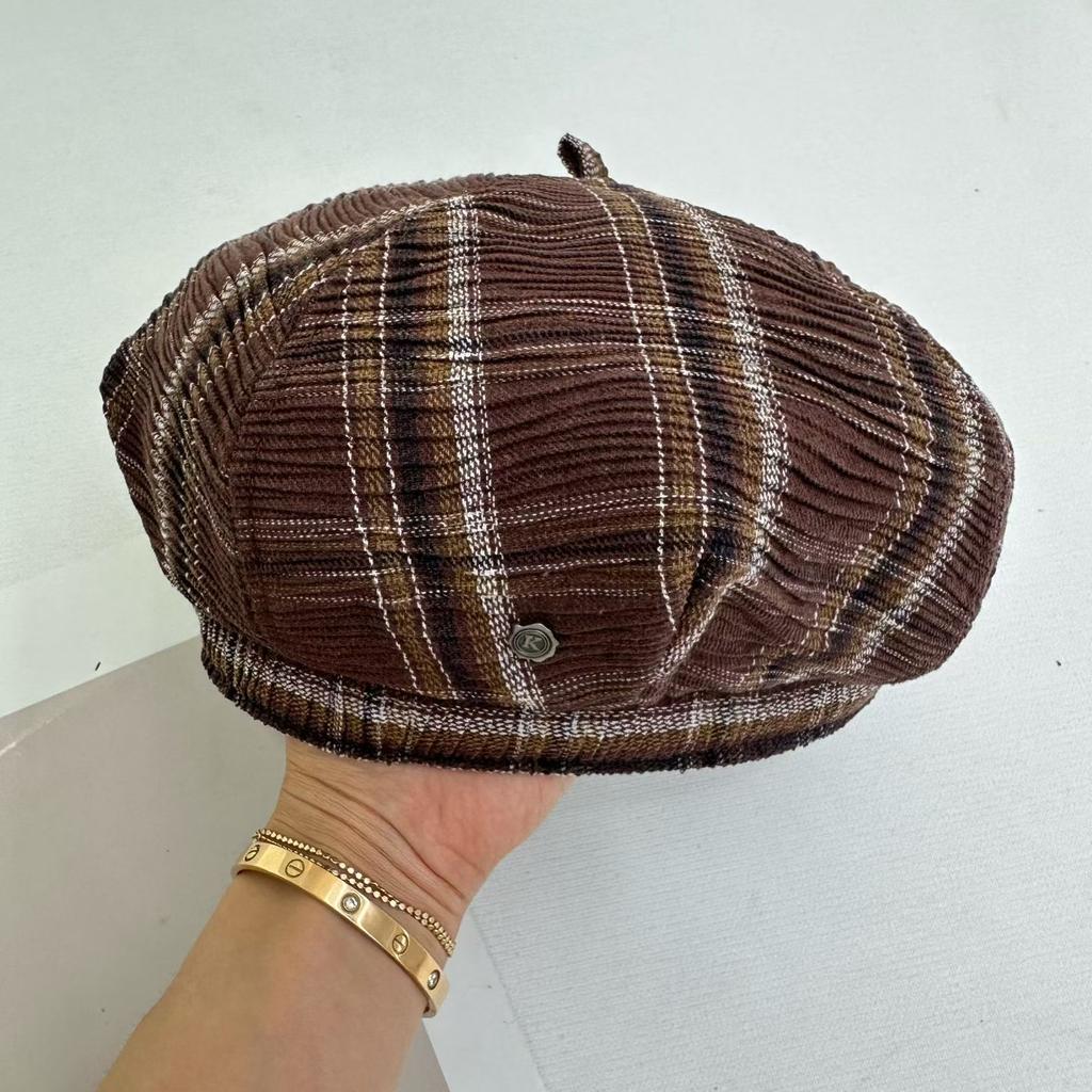Retro Plaid Pumpkin Hat Octagonal Hat Shows a Small Face, New Versatile Big Version Newsboy Hat Beret Spring and Summer