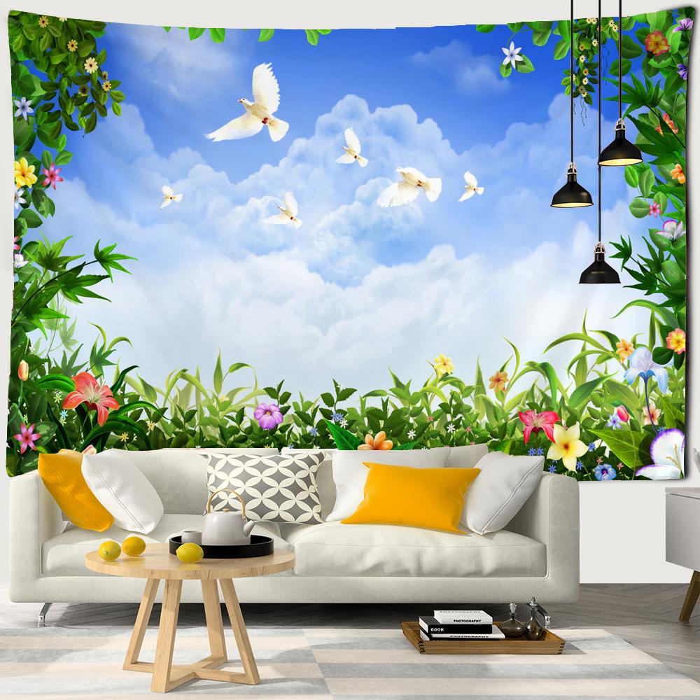 

Landscape Tapestry Wall Hanging Sunny Scenery Blue Sky Love Heart Cloud Pigeon Beach Wall Tapestry Backdrop Wall Cloth Tapestry 74x94cm(29x37in)