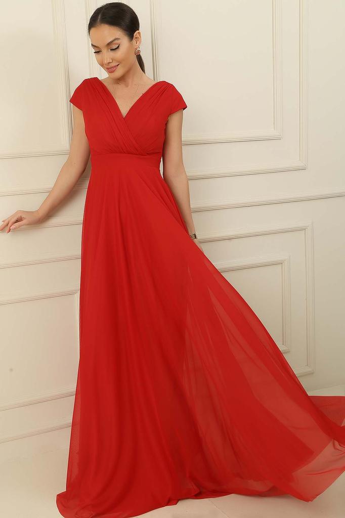 Double Breasted Neckline Sleeveless Full Circle Flare Lined Chiffon Tulle Long Dress