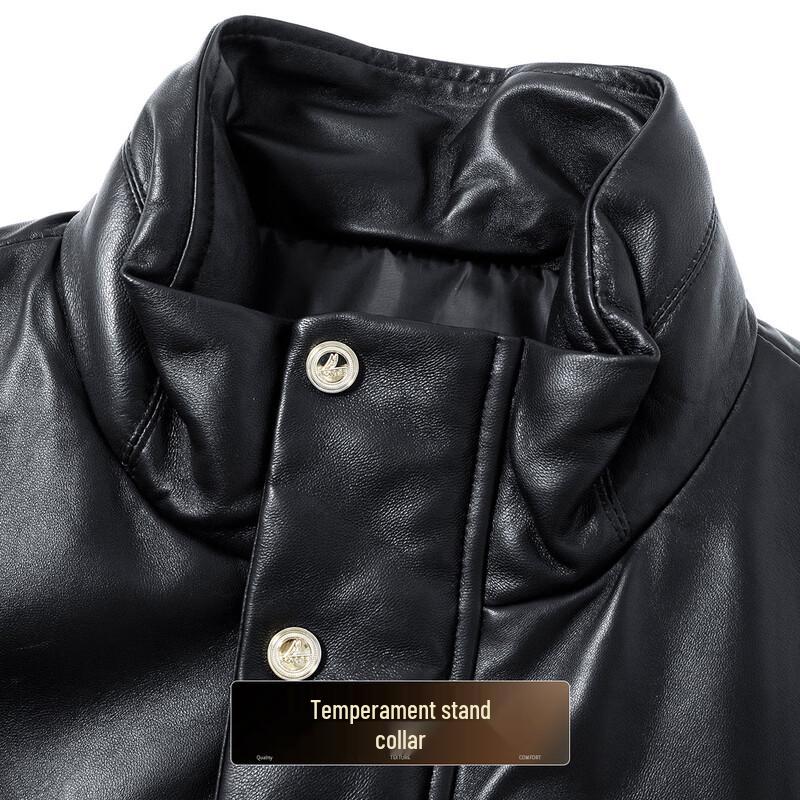 Futing Men's Winter Stand-Collar Sheepskin Goose Down Leather Jacket