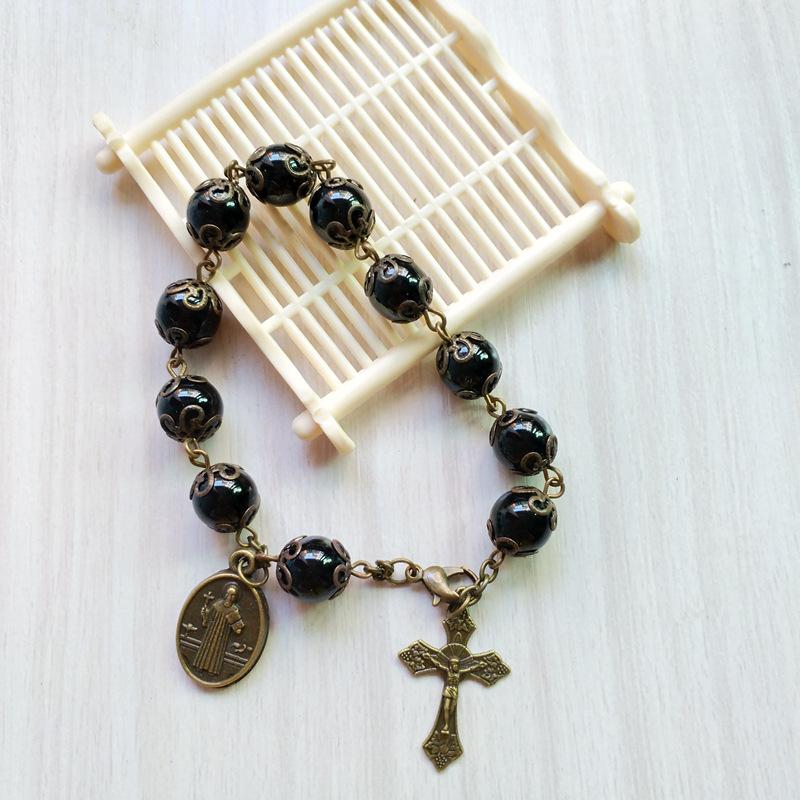QIGO Catholic Jewelry Black Glass Beads Cross Bracelet With Cups Religious Jewelry For Men Women