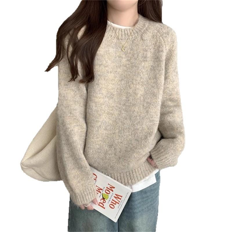Gentle Retro Lazy Wind Solid Color Crew Neck Sweater Women's Autumn and Winter Women's Clothing Loose Pullover Soft Waxy Knitted Sweater Women