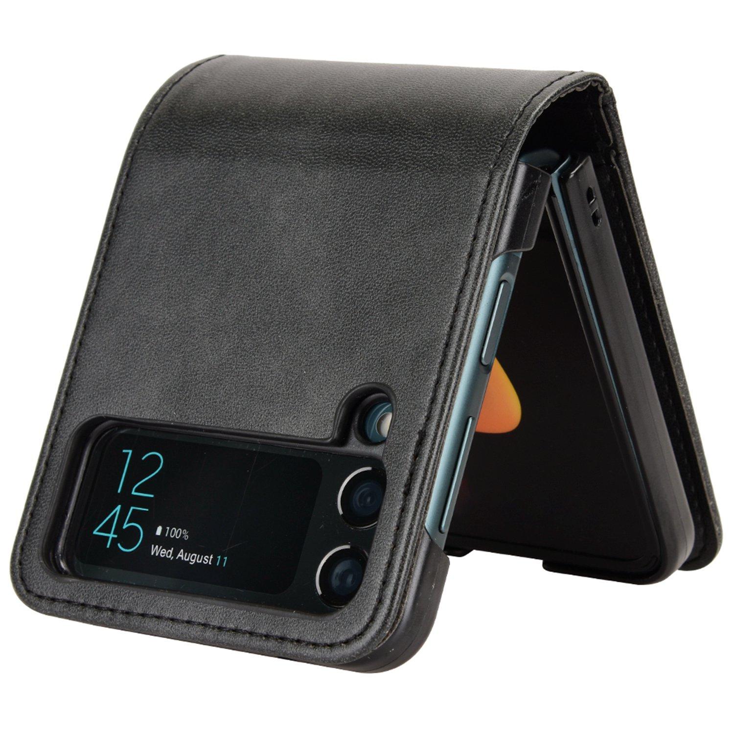 

For Samsung Galaxy Z Flip3 5G PU Leather Cover Folding Phone Case Hard PC Cover with Wallet Design Black