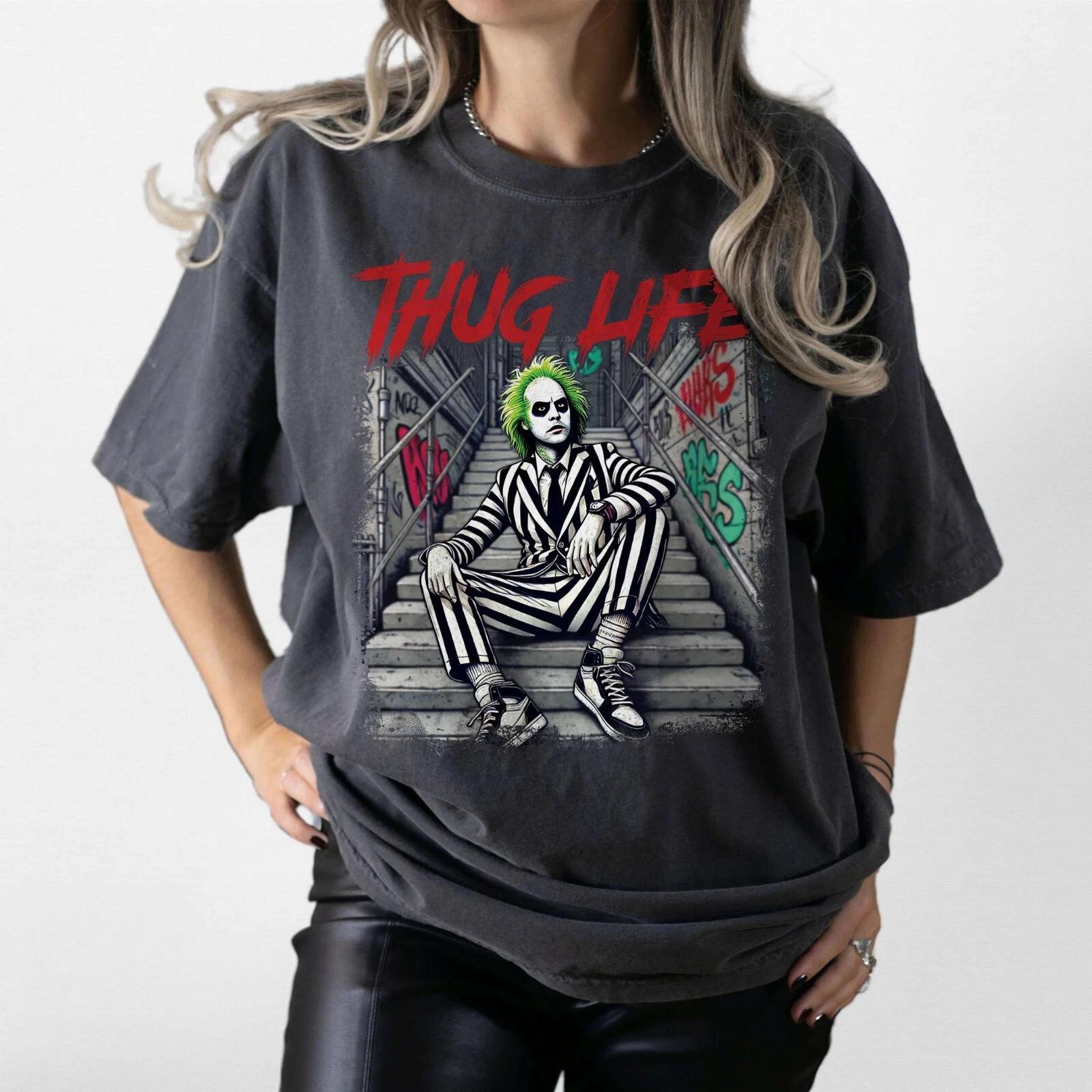 Beetlejuice Thug Life T-Shirt, Halloween 2024 Horror Icons, Scary Killers Tee M