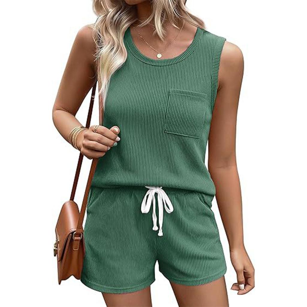 Women's Fashion Round Neck Pocket Tank Top Drawstring Shorts Casual Two Piece Set
