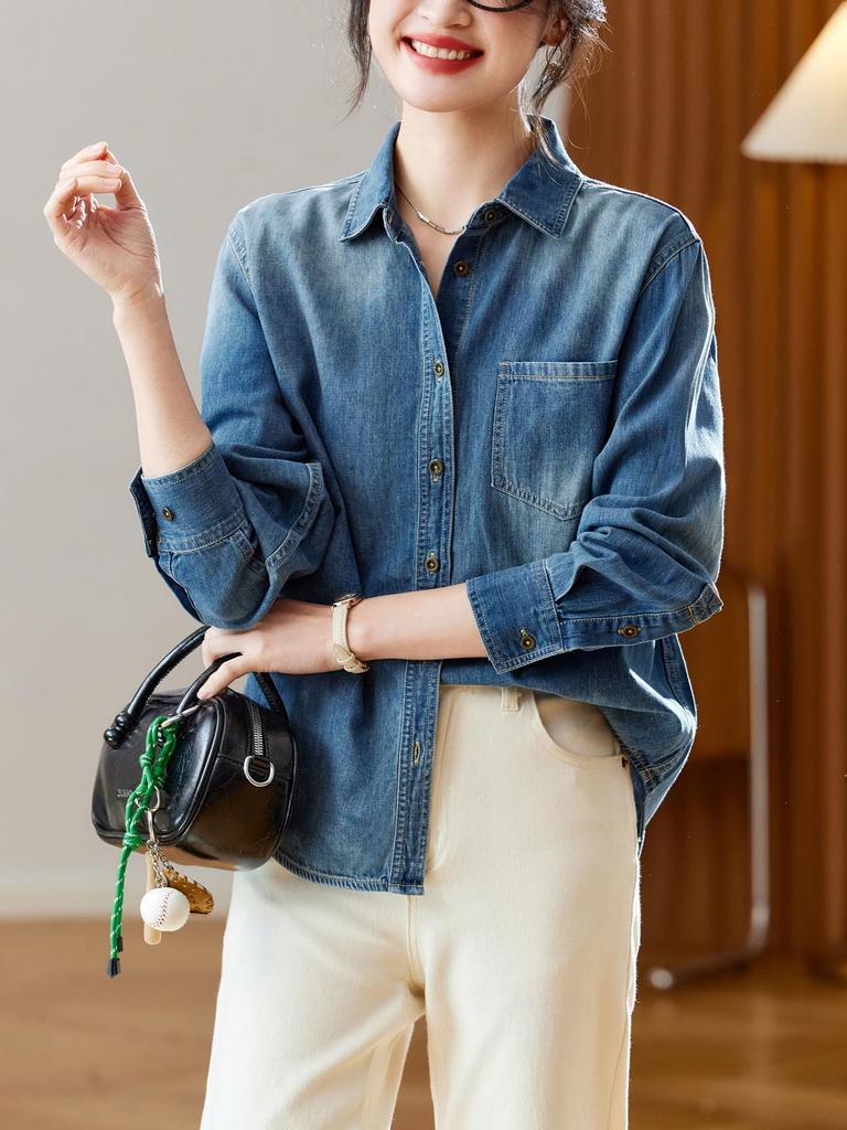 Women's Washed Retro Denim Long Sleeve Shirt - 2026 Spring/Autumn Hong Kong Style Artistic Top
