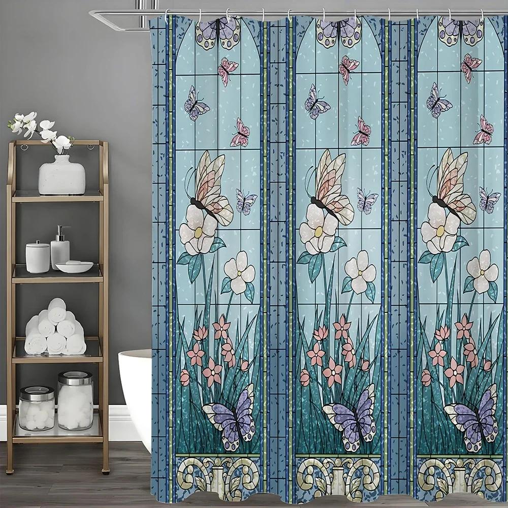 ~O~Blue Garden Shower Curtain, Colorful Butterfly Floral Bathroom Shower Curtain, Modern Design Botanical Fabric Shower Curtain