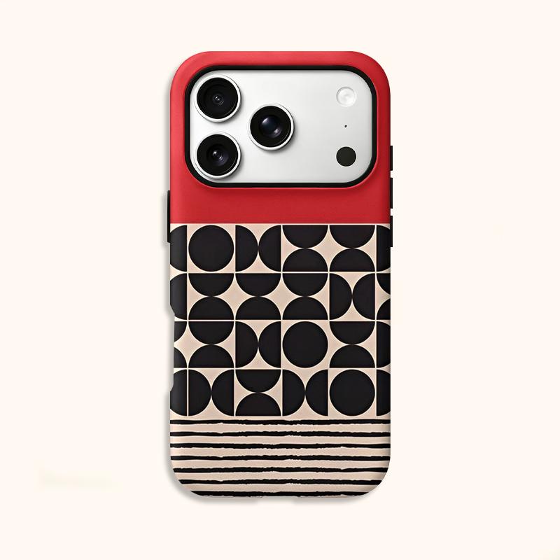 Aesthetic Modern Retro Red Black Geometric Half Circle Striped Film Art Protective Shockproof Bumper Shell Phone Case For iPhone 14 15 16 Pro Max Plus