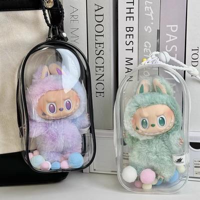 Colorful Transparent Protector Case Organizer Box for 17cm Labubu V3 Dolls Outdoor Display Bag With Keychain Doll Accessories