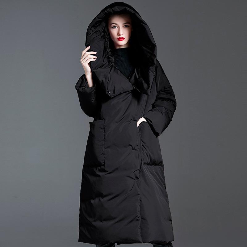 Quilt down jacket women's medium and long black H-shaped hooded knee thickened duck down jacket winter wear