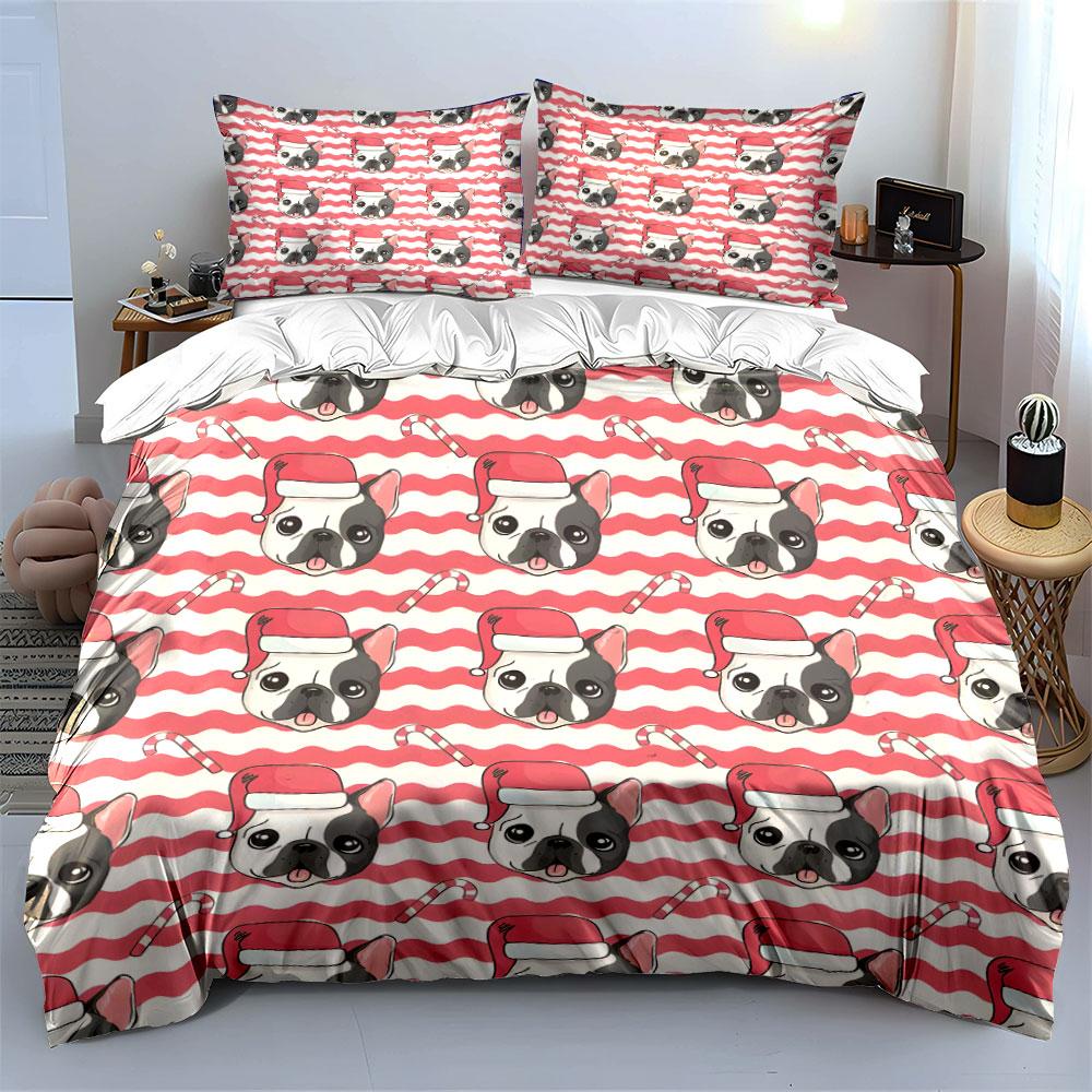 French Bulldog Santa Pattern Bedding Duvet Cover Set (1*Duvet Cover 2*Pillowcases, without duvet insert)