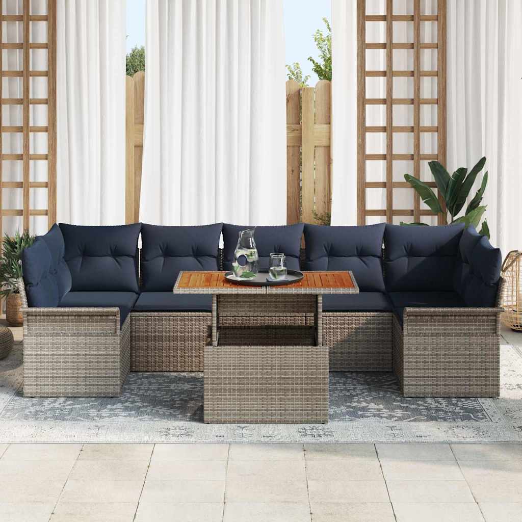 Garden Sofa Set with Cushions 8 pcs Grey and Navy Blue Poly Rattan