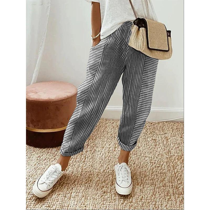 Women Striped Patchwork Loose Casual Long Pants