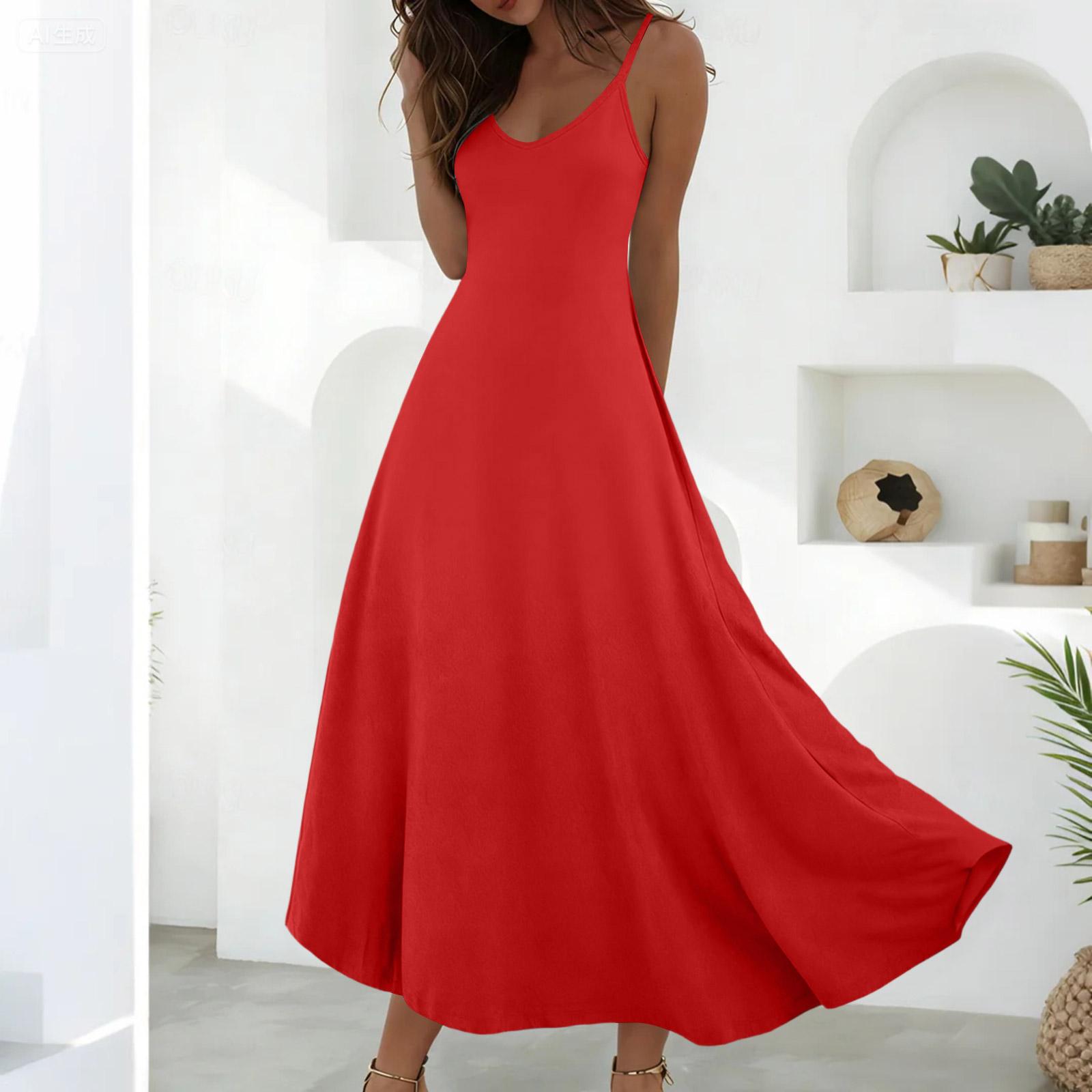 

Summer Dresses For Women Dresses Long Flowy A Line Sleeveless Sundresses With Pockets M червоний