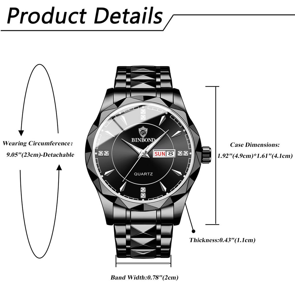 Uhr mit 3 ATM Wasserdichtigkeit, Leuchtzeigern, Analog, Edelstahl, Stilvoll, Quarz, Modeaccessoire, Perfektes Geschenk für oder Liebhaber, Herren, Kalender, Wasserdichtigkeit, Schwarzes Zifferblatt,