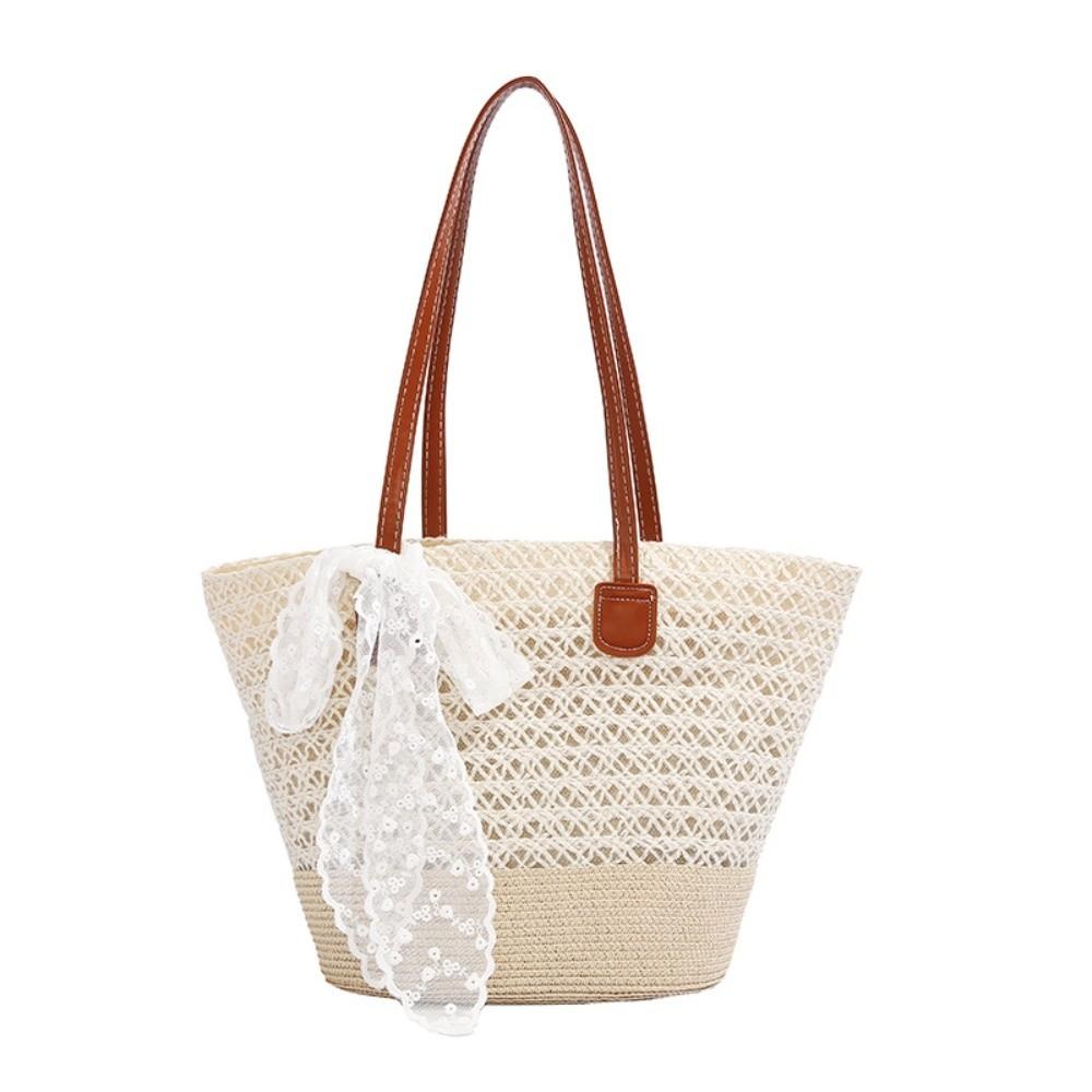 Fashionable Hollow Out Straw Woven Bag Lightweight Trendy Women Shoulder Bag Large Capacity Beach Tote Bag Holiday Travel бежевый
