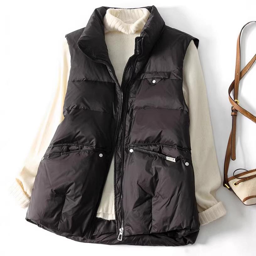 Women's Lightweight Stand Collar Down Vest with Rivet Pockets - Short, Warm, White Duck Down for Autumn/Winter 2023