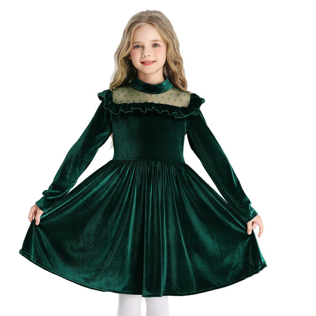 2026 ruffle edge long sleeve dress princess christmas costume party performance clothes children's dress girls mesh yarn