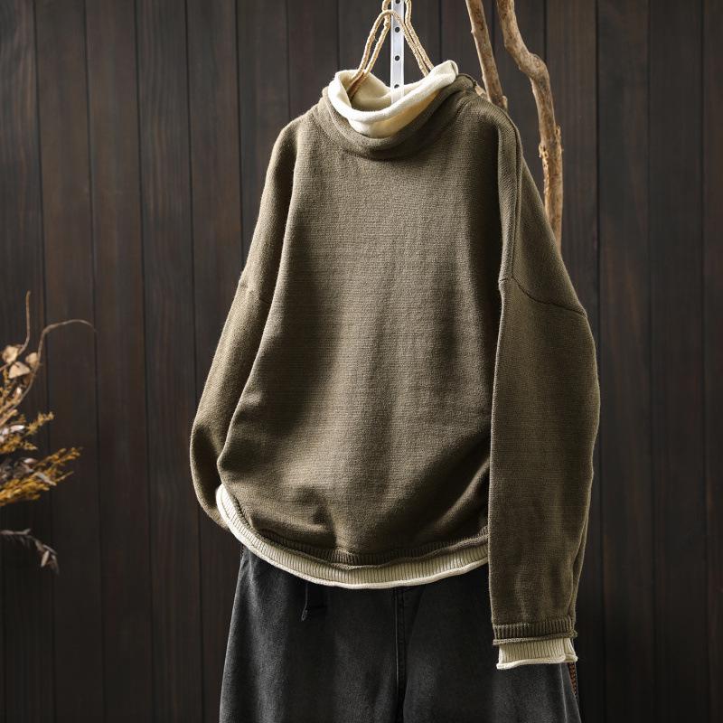 Women's Plus Size High Neck Patchwork Sweater - Winter Two-Piece Knitwear