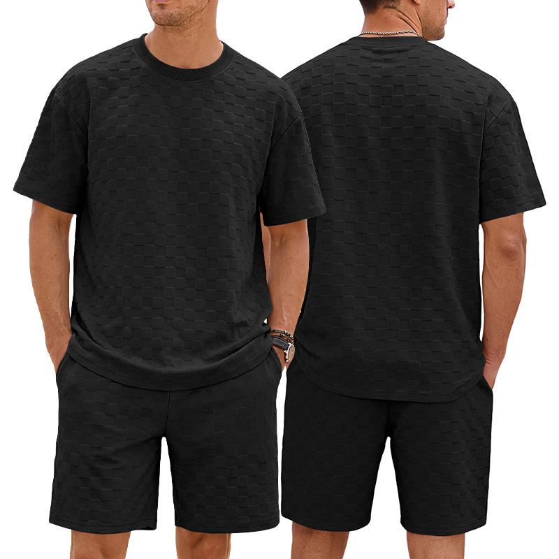 Men Waffle Grid Textured 2 Piece Outfits, Crew Neck Short Sleeve T‑Shirt Drawstring Elastic Waist Shorts Casual Summer Track Suit Set Multiple Colors
